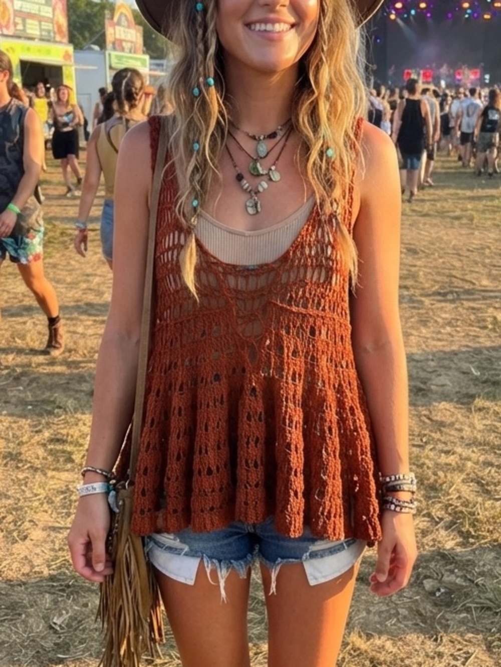 Free People Open Crochet Sleeveless Flowy Tunic Top Rust Boho Festival Size S